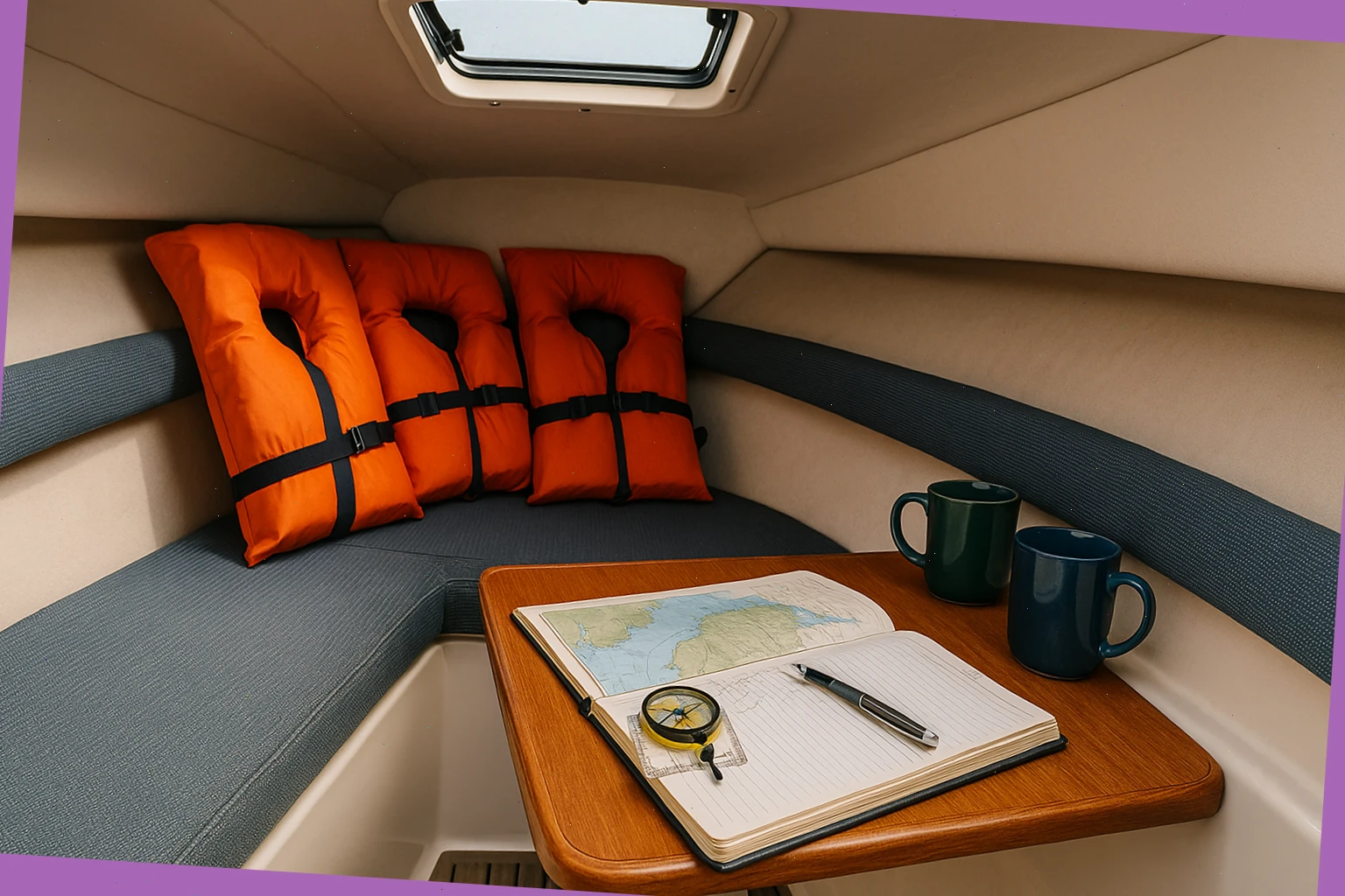 Cuddy cabin with lifejackets, chart and mugs on the side
