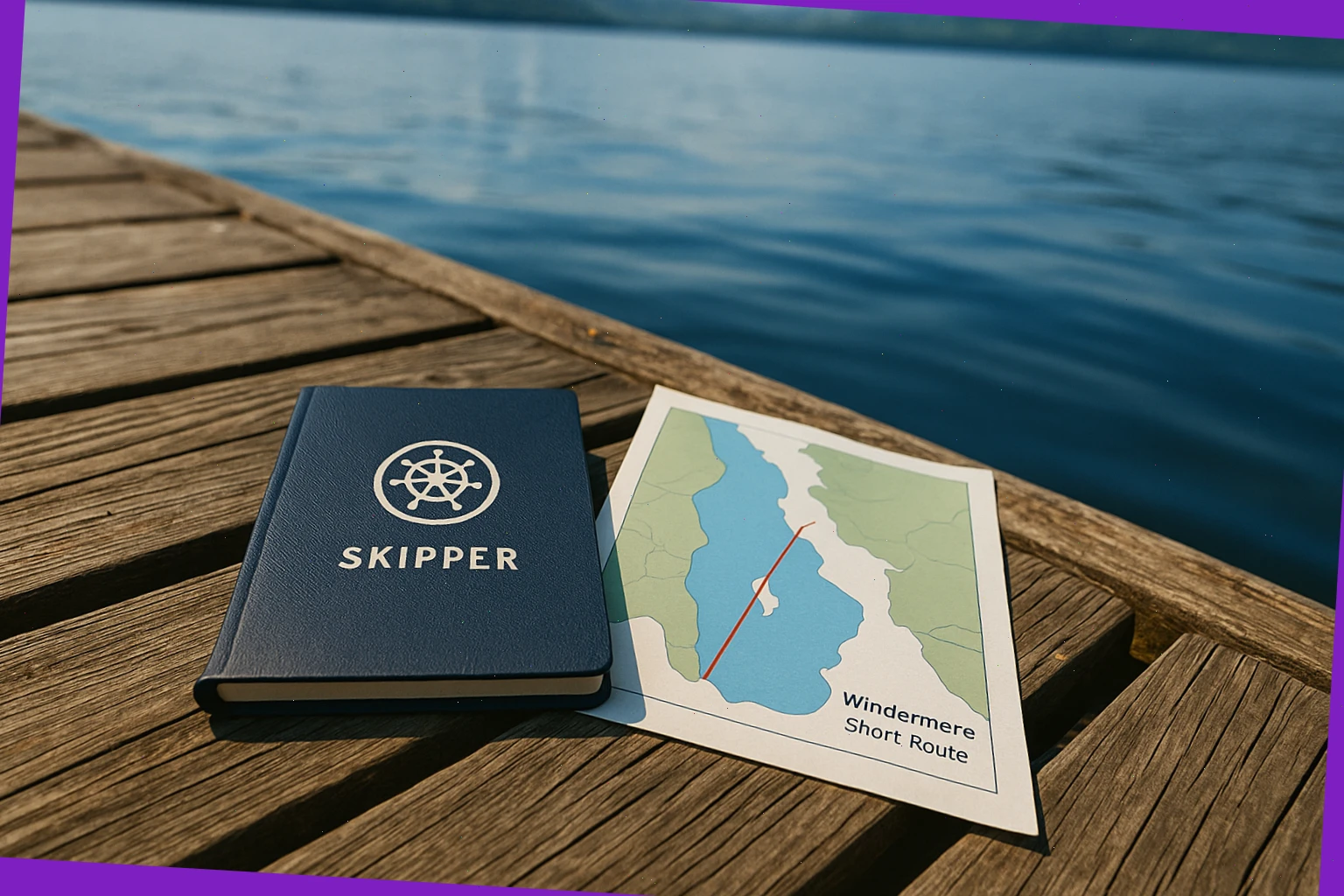 Skipper’s notebook and simple lake map set on a wooden jetty