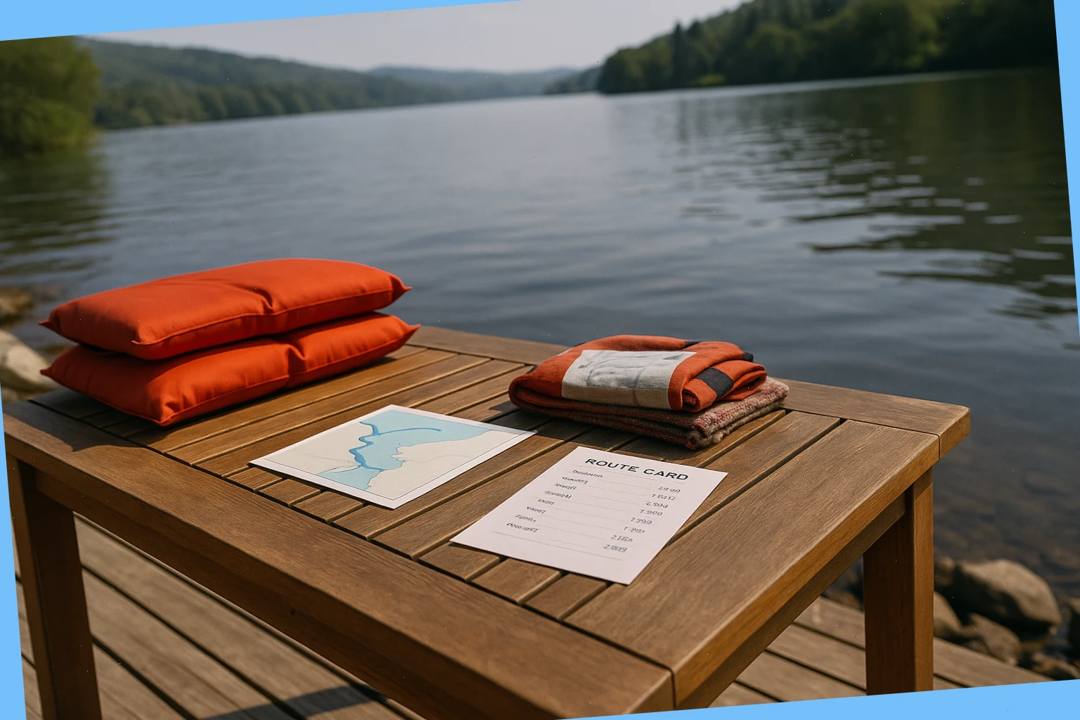 Lakeside table with route card, timings and spare jackets neatly set