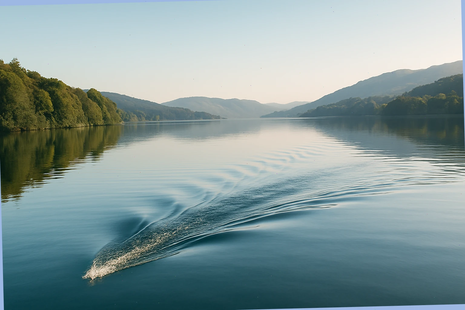 Quiet Windermere bay with gentle wake from a passing boat